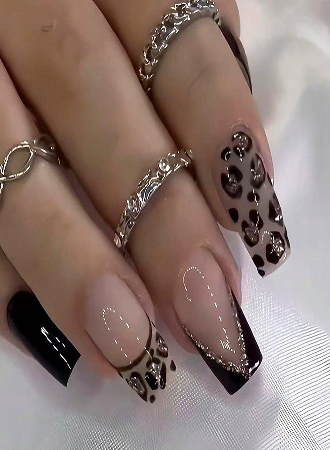 Vopintpy Leopard Print French Tip Press on Nails Medium Square Fake Nails with Design Glossy Acrylic Glue on Nail Reusable Full Cover Artificial Stick on Nail for Women DIY Manicure - Image 1